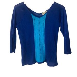 Don Algodon Blue Sweater V Neck 3/4 Sleeve with Crochet Detail Size Small